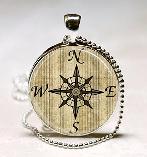 Nautical Jewelry Compass Necklace Windrose Glass Bezel Art Pendant with Ball Chain Included