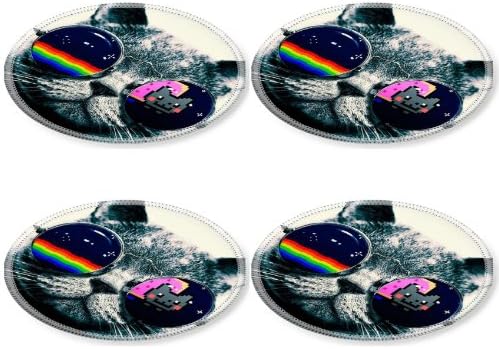 Nyan Cat Glasses Funny Kitten Round Coaster (4 Piece) Set Fabric Rubber 5 Inch Size Luxlady Coaster Cup Mug Can Water Bottle Drink Coasters Stain Resistance Collector Kit Kitchen Table Top Desk