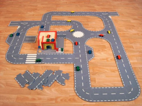 Childrens Toyshop  Toys : ROADWAY SYSTEM with WOODEN GARAGE - 60 piece set