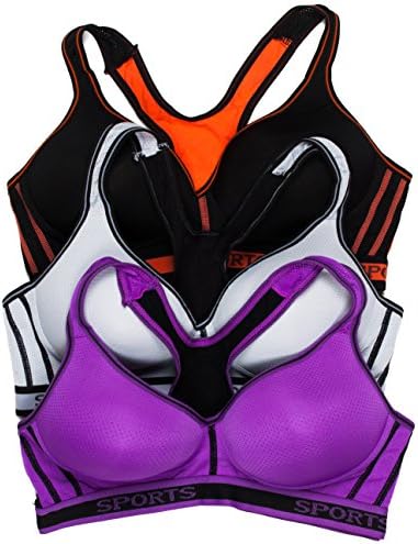 Lacy Junior's 100% Cotton Racerback Soft Molded Cup Sports Bra 3-Pack (38B, Black/Purple/Gray)