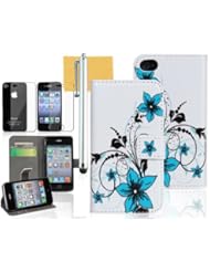 OMIU(TM) Elegant Blue Flowers Flip Magnetic Wallet Leather Case Cover Fit For iPhone 4 4S, With Credit Card Slots, Screen Protector, Stylus and Cleaning Cloth