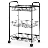 Songmics 3 Tiers Rolling Storage Cart with 2 Removable Baskets Kitchen Pantry Laundry Organizer Bathroom Utility Cart on Wheels Black UBSC03H