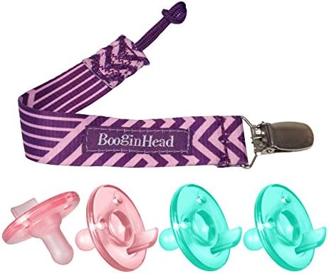Booginhead PaciGrip Pacifier Holder with 3+ Month Soothie Set, Pretty Plum