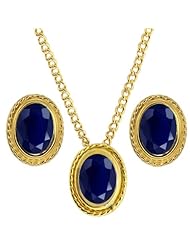 3.02 Ct Oval Blue Sapphire 925 Yellow Gold Plated Silver Pendant Earrings Set
