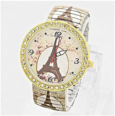 Gold Tone Paris Eiffel Tower Cherry Blossom Stainless Steel Stretch Womens Watch