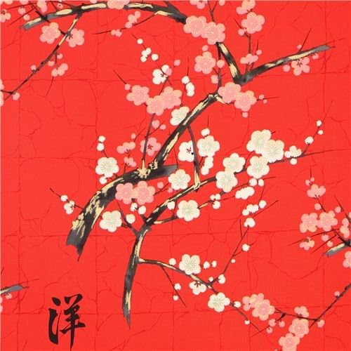 red Alexander Henry Japanese flower fabric with gold (per 0.5 yard multiples)