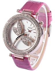 New Lady Dragonfly Crystal Purple Leather Women Casual Party Analog Quartz Watch WK1102