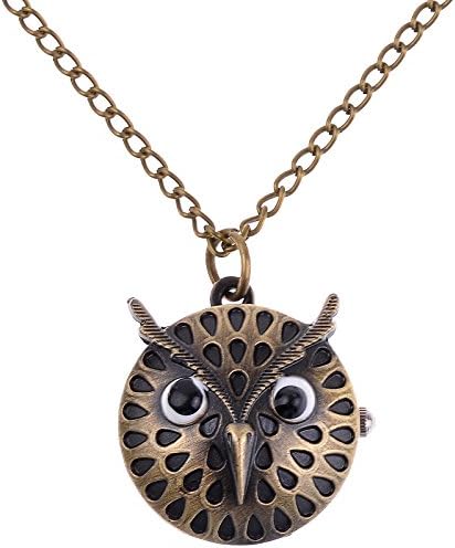 Vintage Bronze Owl Locket Necklace Watch with 30" Link Chain