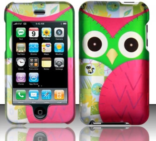 TRENDE - Apple iPod touch 2nd Generation / touch 3rd Generation Case Hard Snap-on Patchwork Green/Pink Owl Design Rubberized Cover + Free TRENDE Gift Box