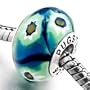 Pale Green Flower Against Deep Blue Sterling Silver Murano Glass Beads Pandora Chamilia Charm Compatible