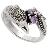 Marcasite Dolphin Ring in Sterling Silver, w/ Brilliant Cut Amethyst-colored CZ Stones, 7/16" (11mm) wide, size 8.5