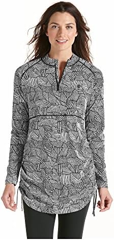 Coolibar UPF 50+ Women's Ruche Swim Shirt - Sun Protective (Large - Black Geo Print)