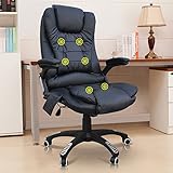 Tinxs Deluxe Real Bonded Leather Executive Reclining & Massage Massaging Office Chair With 6 Point Massage High Back Computer Desk 360 Swivel-three colors to choose from (Black)