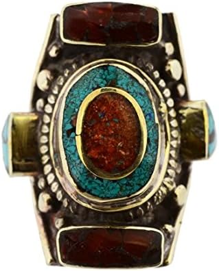 Geometric Chunky Red and Turquoise Colored Stones Tibetan Statement Ring (9)
