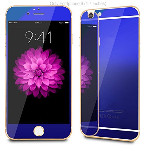 Iphone 6 Colored Mirror Screen Protector [Tempered Glass] Connetech Electroplating Mirror Effect Front Screen & Back Tempered Glass Screen Protector Whole Body Protection Anti Scratches for Iphone 6 6s 4.7inch (Blue)