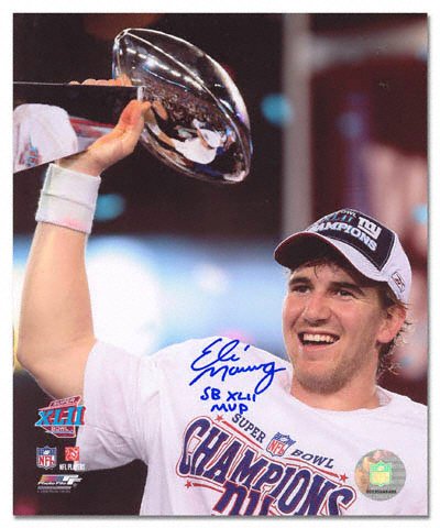 Eli Manning New York Giants - Holding Trophy - Autographed 8x10 Photograph