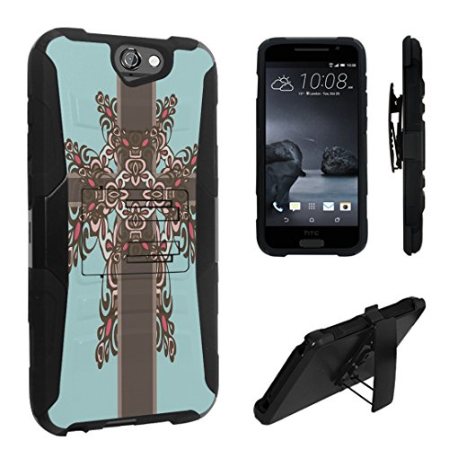 HTC One A9 Case, DuroCase ® Hybrid Dual Layer Combat Armor Style Kickstand Case w/ Belt Clip Holster Combo for HTC One A9 (Released in 2015) - (Flower Cross)