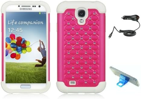 Samsung Galaxy S4 Studded diamond Protective Case, Screen Protector, Purple Touch Stylus, Stand, Car Charger (Hot Pink)