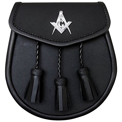 Brand New Black Leather Sporran with 3 Tassels & Masonic Badge on Front