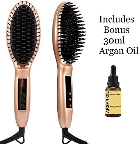 GoldmineBeauty Metal Ceramic Heater Hair Straightening Brush with Free 30 ml Pure Argan Oil - Auto Lock- Adjustable Temperature - Anti-Static, Anti-Scald - Gold