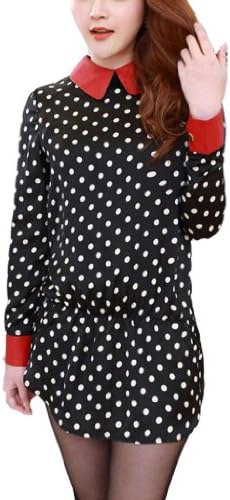 XQN Women's Retro Loose Polka Dot PU Lapel Stitching Shirt Mini Dress