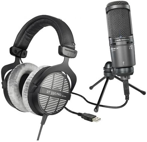 Audio-Technica AT2020USB+ Cardioid Condenser USB Microphone, Built-In Headphone Jack, - Bundle With Beyerdynamic DT 990 Pro 250Ohms Dynamic Open Headphone