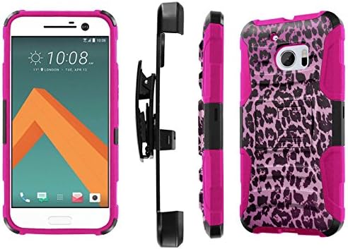 HTC 10 Case, [NakedShield] [Black/ Hot Pink] Heavy Duty Holster Armor Tough Case + [Screen Protector] - [Purple Leopard] for HTC One M10 / HTC 10