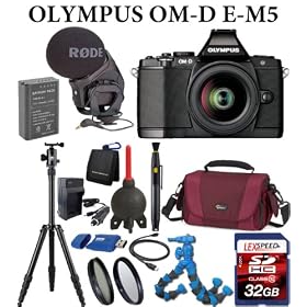 Olympus OM-D E-M5 Micro Four Thirds Digital Camera with 12-50mm Lens Kit (Black) + Rode Stereo VideoMic Pro Stereo On-camera Microphone + SIRUI T-005 5-Section Aluminum Tripod + LexSpeed 32GB Class 10 SDHC Memory Card + Lowepro Apex 110 AW Camera Gadget Bag + Flexpod + Spare Battery + Travel Charger