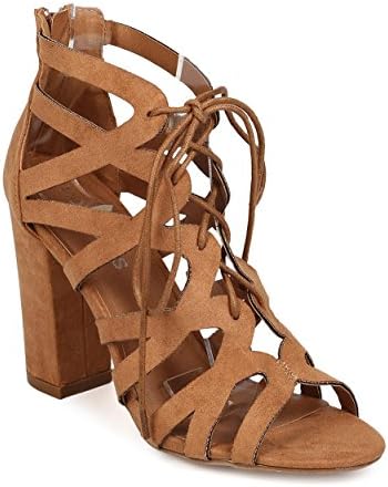 HOTSOLES FB91 Women Faux Suede Peep Toe Lace Up Cut Out Block Heel Sandal - Camel (Size: 9.0)