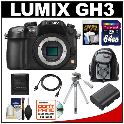 Panasonic Lumix DMC-GH3 Micro Four Thirds Digital Camera Body (Black) with 64GB Card + Battery + Backpack Case + Tripod + HDMI Cable + Accessory Kit On Sale