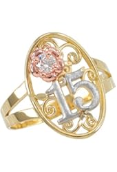 10k Tri-Tone Gold Sweet 15 Anos Solitaire CZ Oval Filigree Quinceanera Ring