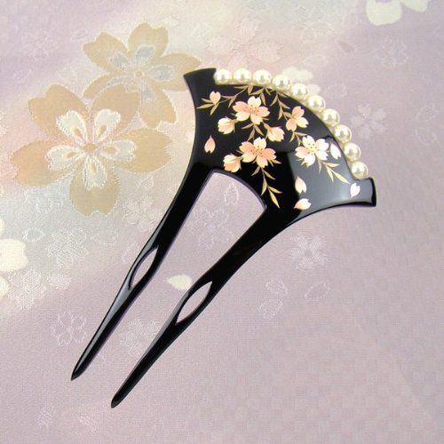 バチ型パール簪(かんざし)桜 成人式 結婚式 黒留袖 振袖用 袴