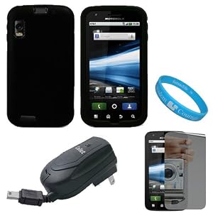 Black Rubberized Protective Gel Silicone Skin Cover Case for AT&T Motorola Atrix 4G Dual Core Android Smart Phone MB860 (Olympus/Atrix 4G) + Mirror Screen Protector + Black Retractable Travel Wall Charger with IC Chip + SumacLife TM Wisdom Courage Wristband