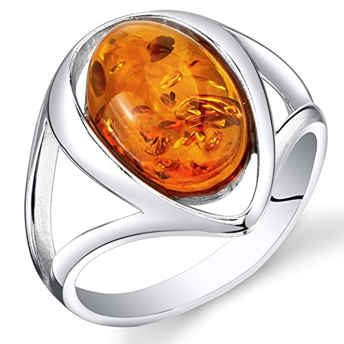 PEORAGenuine Baltic Amber Ring for Women in Sterling Silver, Rich Cognac Color, Oval Shape Solitaire, Comfort Fit, Sizes 5 to 9