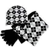 BLACK ARGYLE 3 PIECE HAT SCARF & GLOVE MATCHING SET