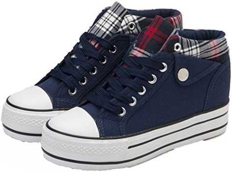 Wuyiwan Womens Increase Casual Fashionable Lace-up Plaid Plats Canvas Shoes(8 B(M) US, Blue)