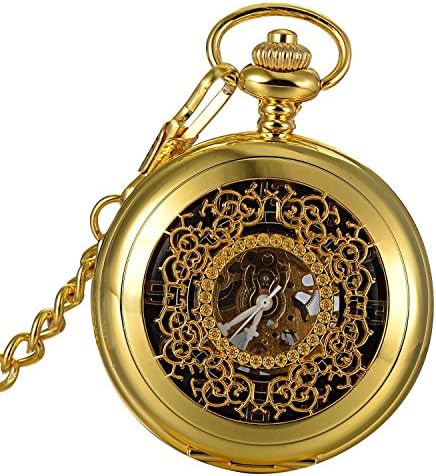 Luxury Golden Flower Analog Skeleton Mens Hand Winding Mechanical Pocket Watch