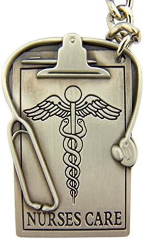 Pewter Nurses Care Medical Clipboard with Stethoscope and Caduceus Key Chain, 1 3/4 Inch