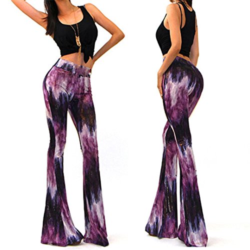 Novias Fashion High Waist Tie-Dye Paisley Inspired 70s Flared Bell Bottom Pants(Purple Medium)