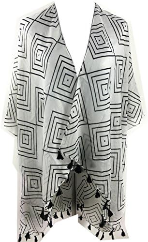 Gold Cheer Women's Geometric Print Tribal Tassel Kimono Shawl Black White Colors