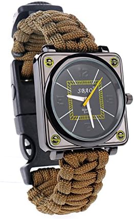 5 In 1 Carabiner Tool Outdoor Stylish Multifunction Survival Bracelet with Watch ， Compass, flint, whistle, straps, watches Kits ，Rock Climbing Camping First Aid Kit Adventures 。 (Khaki)