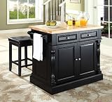 Butcher Block Top Kitchen Island in Black with 24" Black Upholstered Square Seat Stools