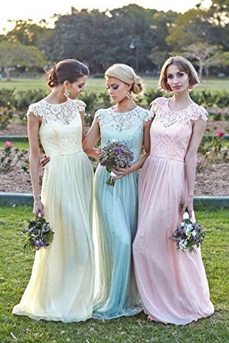 Wallbridal Cap Sleeves Lace Chiffon Colorful Bridesmaid Dress Fresh Prom Dress (4, Mint)