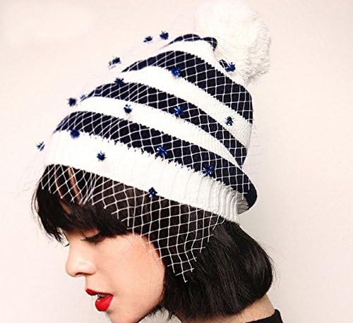 CITY Women's Face Veil Beanie Crochet Knit Pom Pom Cap With Yarn Ball (black&white1)