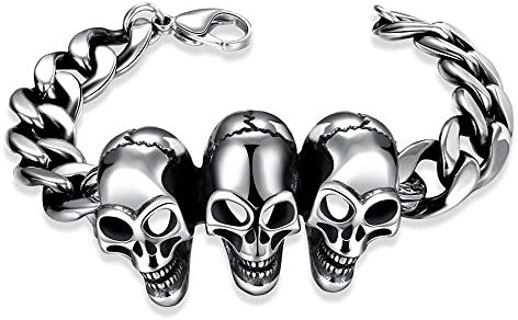 Mens Stainless Steel Large Skull Link Bracelet Biker Gothic Style Silver Color High Polished