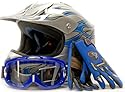 Youth Motocross ATV Dirt Bike MX Helmet, Gloves and Goggles Blue Flame, Large