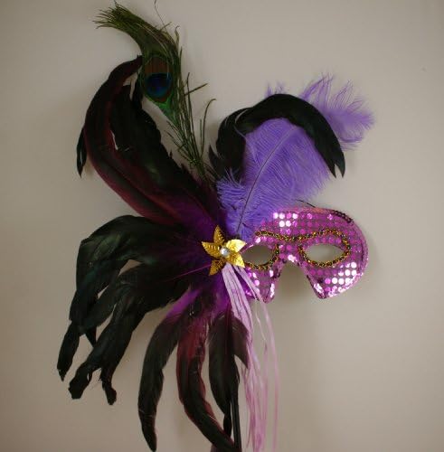 Mardi Gras Masquerade Feather Costume Stick Mask or Table Centerpiece Decoration (LAVENDER)