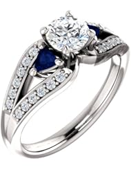 18K White Gold Round Cut Diamond and Sapphire Ring -- LIFETIME WARRANTY