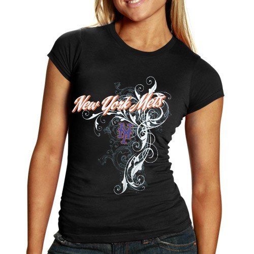 New York Mets Ladies Black Tattoo Sparkle T-shirt (Large)