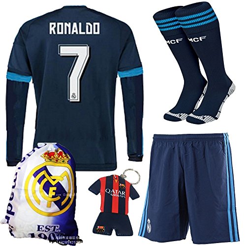 KID BOX® 2015/2016 #7 Blue Away Soccer Football Long Sleeve Jersey Sportswear Team Polo Shirt & Short & Sock & Key Chain & Soccer Bag FOR Kids 3-14 Years